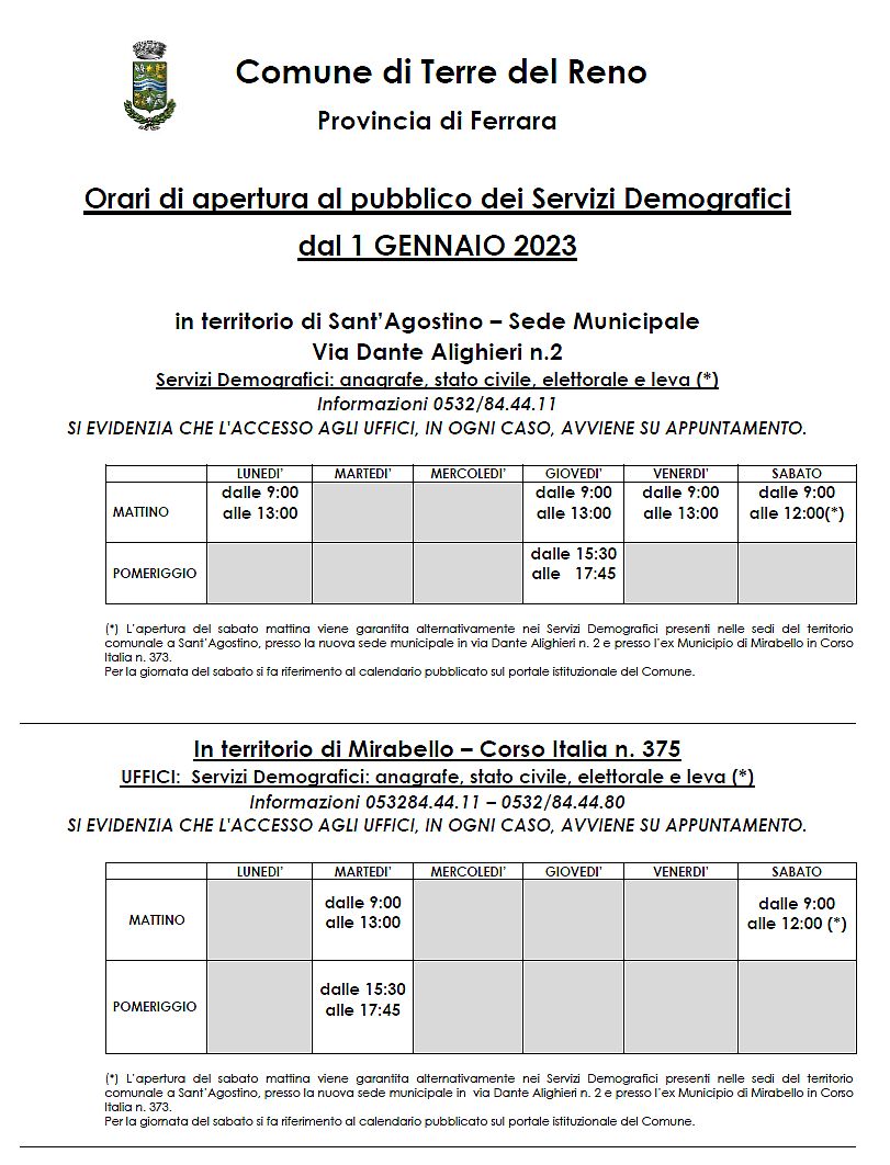 MODIFICA ORARI DI APERTURA AL PUBBLICO DEI SERVIZI DEMOGRAFICI 